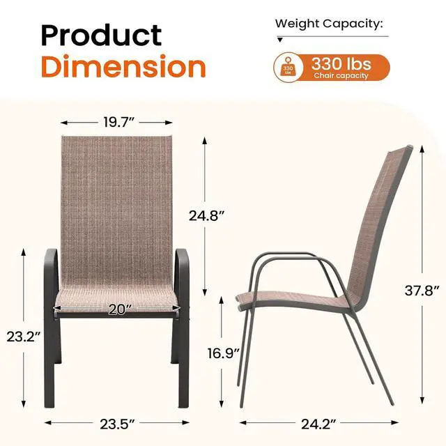 Alt view image 3 of 7 - JEAREY Patio Dining Chairs Set of 6, Stackable Outdoor Chairs, Coffee | Breathable Textilene w/Powder-Coated Steel Frame, 20" Wide High-Back Seat & Stackable Design for Lawn, Garden, Deck, Poolside