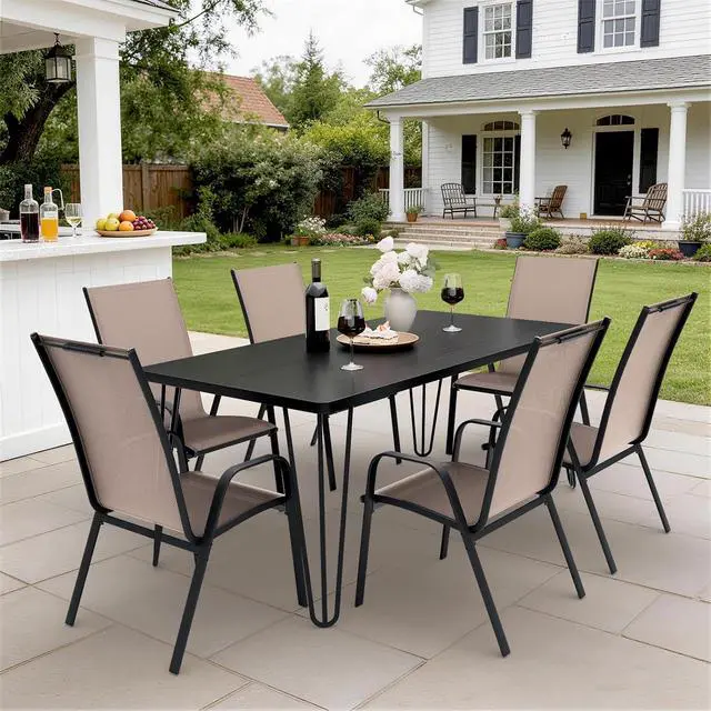 Alt view image 4 of 7 - JEAREY Patio Dining Chairs Set of 6, Stackable Outdoor Chairs, Coffee | Breathable Textilene w/Powder-Coated Steel Frame, 20" Wide High-Back Seat & Stackable Design for Lawn, Garden, Deck, Poolside