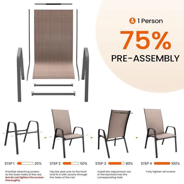 Alt view image 5 of 7 - JEAREY Patio Dining Chairs Set of 6, Stackable Outdoor Chairs, Coffee | Breathable Textilene w/Powder-Coated Steel Frame, 20" Wide High-Back Seat & Stackable Design for Lawn, Garden, Deck, Poolside