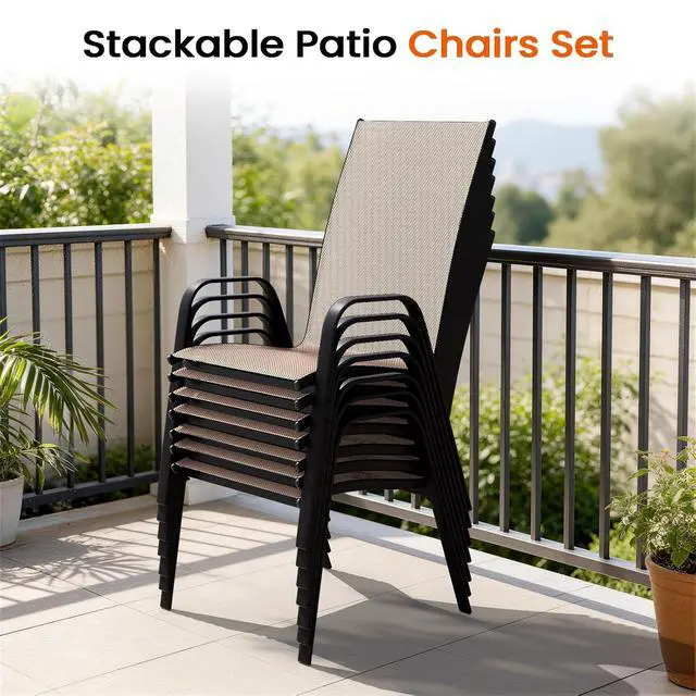 Alt view image 7 of 7 - JEAREY Patio Dining Chairs Set of 6, Stackable Outdoor Chairs, Coffee | Breathable Textilene w/Powder-Coated Steel Frame, 20" Wide High-Back Seat & Stackable Design for Lawn, Garden, Deck, Poolside