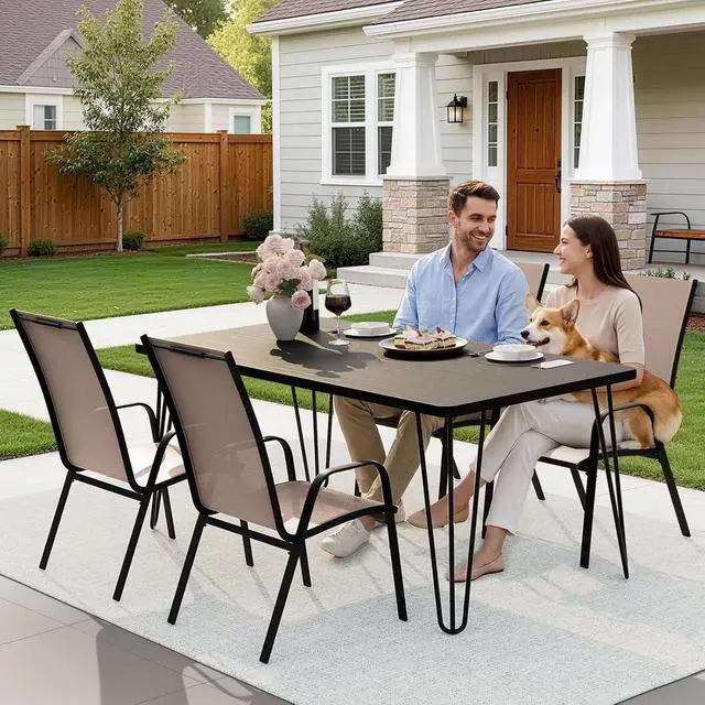 Alt view image 6 of 7 - JEAREY Patio Dining Chairs Set of 4, Stackable Outdoor Chairs, Brown | Breathable Textilene w/Powder-Coated Steel Frame, 20" Wide High-Back Seat for Lawn, Garden, Deck, Poolside