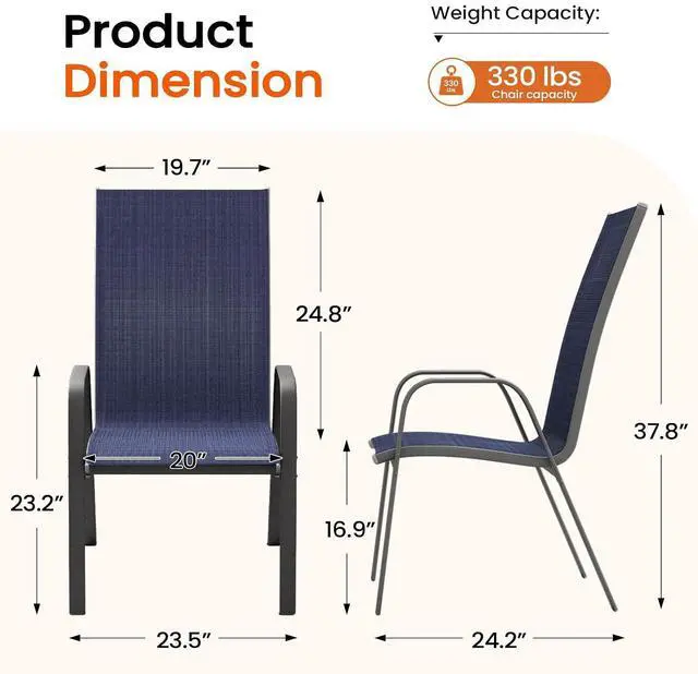 Alt view image 3 of 7 - JEAREY Patio Dining Chairs Set of 4, Stackable Outdoor Chairs, Navy Blue | Breathable Textilene w/Powder-Coated Steel Frame, 20" Wide High-Back Seat for Lawn, Garden, Deck, Poolside