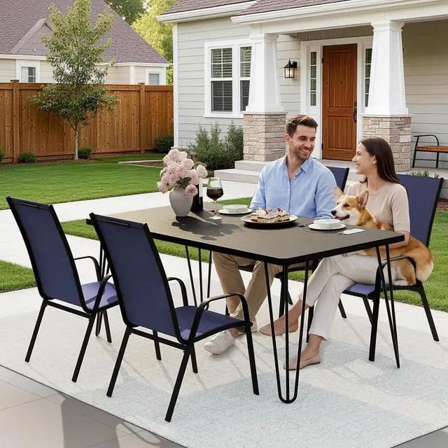 Alt view image 6 of 7 - JEAREY Patio Dining Chairs Set of 4, Stackable Outdoor Chairs, Navy Blue | Breathable Textilene w/Powder-Coated Steel Frame, 20" Wide High-Back Seat for Lawn, Garden, Deck, Poolside