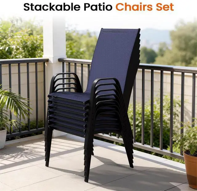 Alt view image 7 of 7 - JEAREY Patio Dining Chairs Set of 4, Stackable Outdoor Chairs, Navy Blue | Breathable Textilene w/Powder-Coated Steel Frame, 20" Wide High-Back Seat for Lawn, Garden, Deck, Poolside