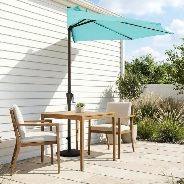 Alt view image 2 of 7 - JEAREY 9ft Half Umbrella Outdoor Patio Umbrella Market Umbrella with Crank, 1/2 Round Wall Umbrella 5 Sturdy Ribs UV Protection for Pool Garden Balcony Deck, Peacock Blue