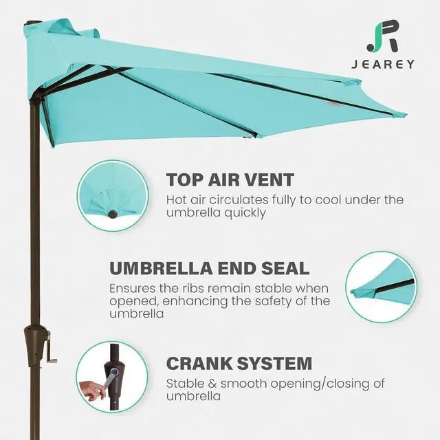 Alt view image 3 of 7 - JEAREY 9ft Half Umbrella Outdoor Patio Umbrella Market Umbrella with Crank, 1/2 Round Wall Umbrella 5 Sturdy Ribs UV Protection for Pool Garden Balcony Deck, Peacock Blue
