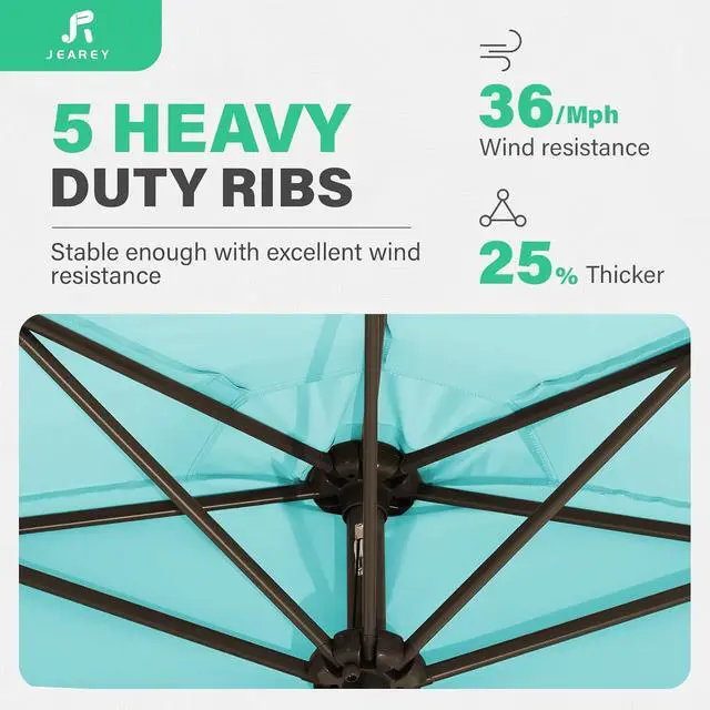 Alt view image 5 of 7 - JEAREY 9ft Half Umbrella Outdoor Patio Umbrella Market Umbrella with Crank, 1/2 Round Wall Umbrella 5 Sturdy Ribs UV Protection for Pool Garden Balcony Deck, Peacock Blue
