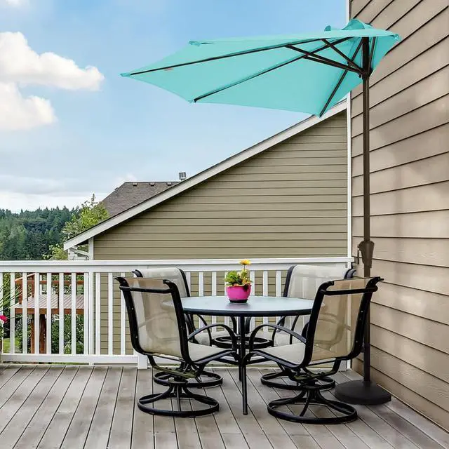 Alt view image 7 of 7 - JEAREY 9ft Half Umbrella Outdoor Patio Umbrella Market Umbrella with Crank, 1/2 Round Wall Umbrella 5 Sturdy Ribs UV Protection for Pool Garden Balcony Deck, Peacock Blue
