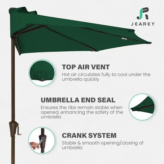 Alt view image 3 of 7 - JEAREY 9ft Half Umbrella Outdoor Patio Umbrella Market Umbrellas with Crank, 1/2 Round Wall Umbrella 5 Sturdy Ribs UV Protection for Pool Garden Balcony Deck, Dark Green