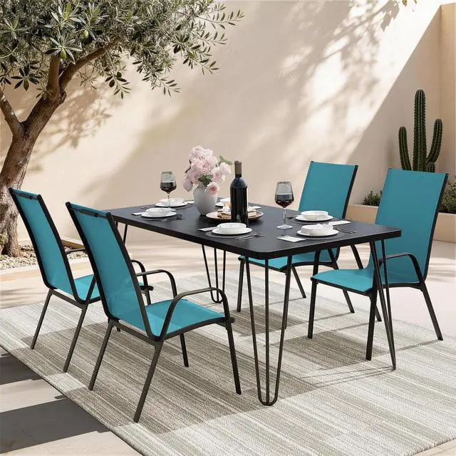 Alt view image 2 of 7 - JEAREY Patio Dining Chairs Set of 4, Stackable Outdoor Chairs, Peacock Blue | Breathable Textilene w/Powder-Coated Steel Frame, 20" Wide High-Back Seat for Lawn, Garden, Deck, Poolside