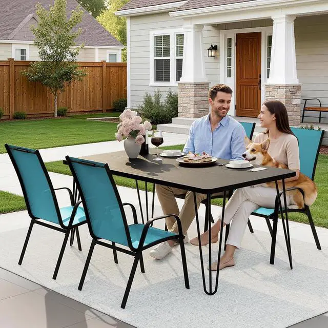 Alt view image 5 of 7 - JEAREY Patio Dining Chairs Set of 4, Stackable Outdoor Chairs, Peacock Blue | Breathable Textilene w/Powder-Coated Steel Frame, 20" Wide High-Back Seat for Lawn, Garden, Deck, Poolside