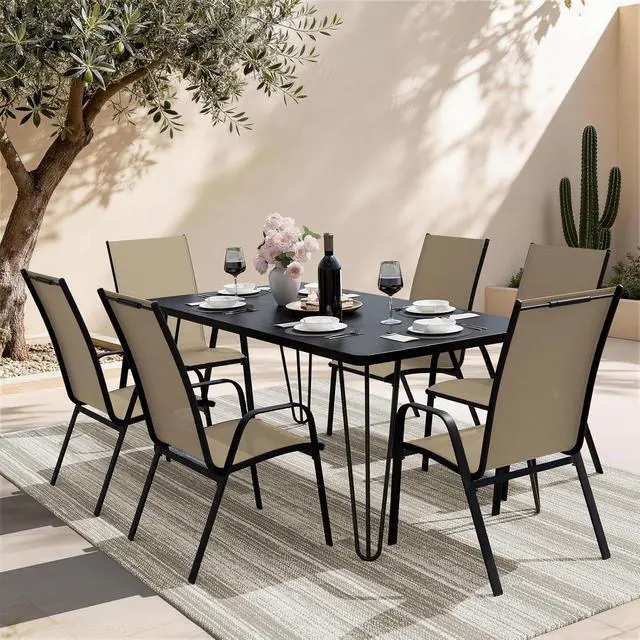 Alt view image 2 of 7 - JEAREY Patio Dining Chairs Set of 6, Stackable Outdoor Chairs, Tan | Breathable Textilene w/Powder-Coated Steel Frame, 20" Wide High-Back Seat & Stackable Design for Lawn, Garden, Deck, Poolside
