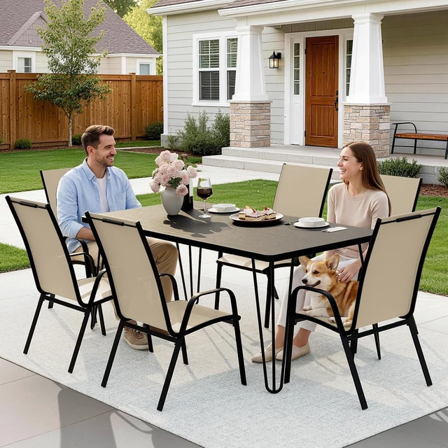 Alt view image 6 of 7 - JEAREY Patio Dining Chairs Set of 6, Outdoor Stackable Dining Furniture Set, All Weather Dining Set for Lawn, Garden, Backyard, Poolside, Beige