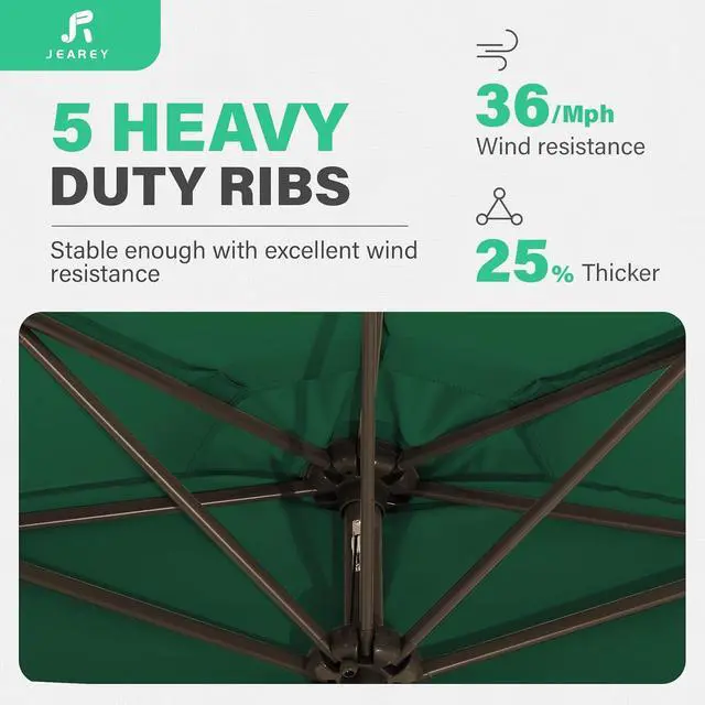 Alt view image 5 of 7 - JEAREY 9ft Half Umbrella Outdoor Patio Umbrella Market Umbrellas with Crank, 1/2 Round Wall Umbrella 5 Sturdy Ribs UV Protection for Pool Garden Balcony Deck, Dark Green