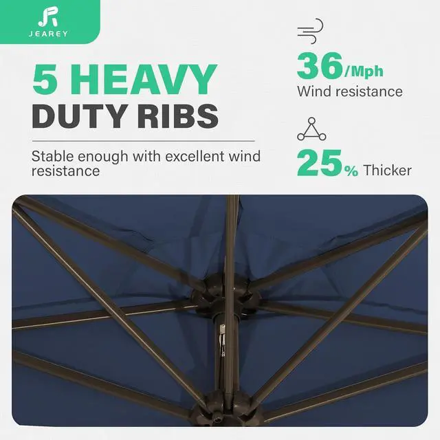 Alt view image 5 of 7 - JEAREY 9ft Half Umbrella Outdoor Patio Umbrella Market Umbrella with Crank, 1/2 Round Wall Umbrella 5 Sturdy Ribs UV Protection for Pool Garden Balcony Deck, Purplish Blue