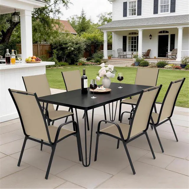Alt view image 4 of 7 - JEAREY Patio Dining Chairs Set of 6, Stackable Outdoor Chairs, Tan | Breathable Textilene w/Powder-Coated Steel Frame, 20" Wide High-Back Seat & Stackable Design for Lawn, Garden, Deck, Poolside