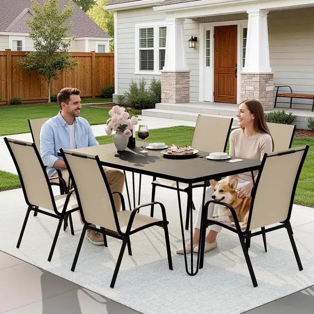 Alt view image 6 of 7 - JEAREY Patio Dining Chairs Set of 6, Stackable Outdoor Chairs, Tan | Breathable Textilene w/Powder-Coated Steel Frame, 20" Wide High-Back Seat & Stackable Design for Lawn, Garden, Deck, Poolside