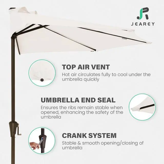 Alt view image 3 of 7 - JEAREY 9ft Half Umbrella Outdoor Patio Umbrella Market Umbrellas with Crank, 1/2 Round Wall Umbrella 5 Sturdy Ribs UV Protection for Pool Garden Balcony Deck, Cream White