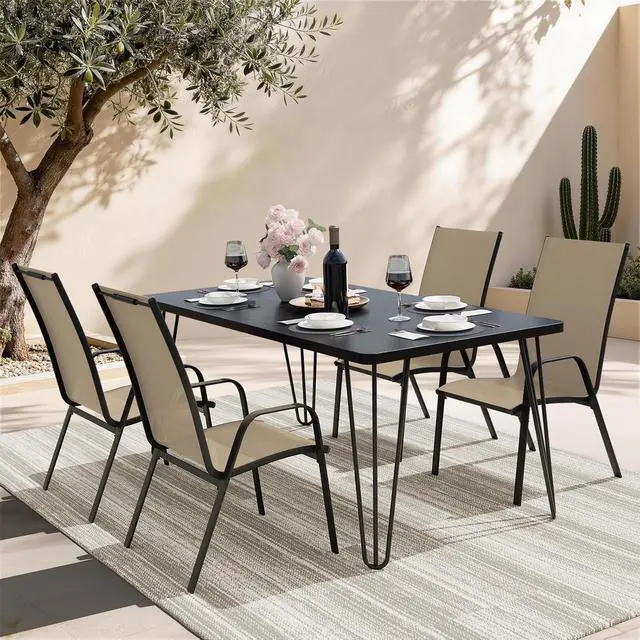 Alt view image 2 of 7 - JEAREY Patio Dining Chairs Set of 4, Stackable Outdoor Chairs, Beige | Breathable Textilene w/Powder-Coated Steel Frame, 20" Wide High-Back Seat for Lawn, Garden, Deck, Poolside