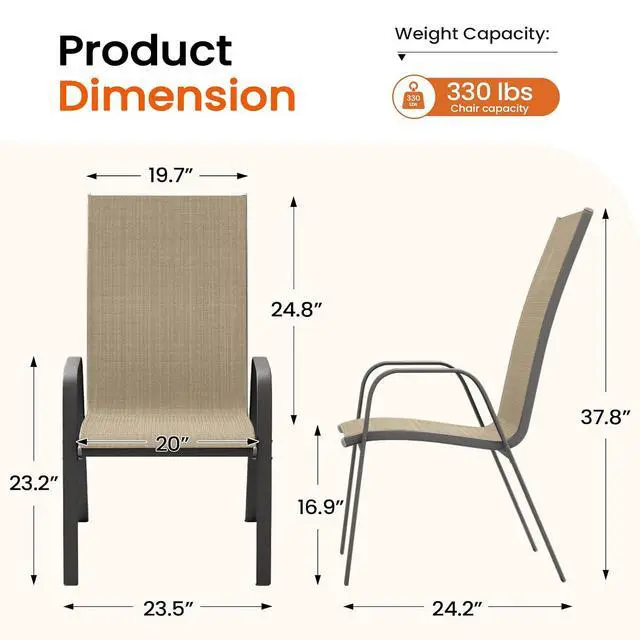 Alt view image 3 of 7 - JEAREY Patio Dining Chairs Set of 6, Stackable Outdoor Chairs, Tan | Breathable Textilene w/Powder-Coated Steel Frame, 20" Wide High-Back Seat & Stackable Design for Lawn, Garden, Deck, Poolside