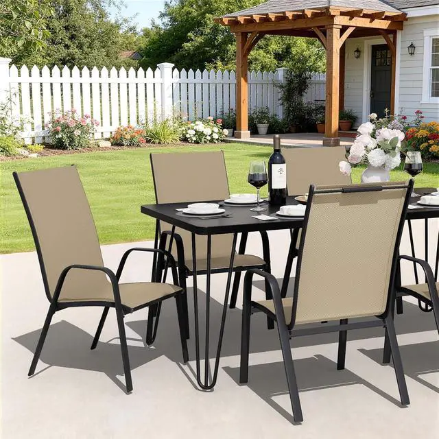 Alt view image 4 of 7 - JEAREY Patio Dining Chairs Set of 4, Stackable Outdoor Chairs, Beige | Breathable Textilene w/Powder-Coated Steel Frame, 20" Wide High-Back Seat for Lawn, Garden, Deck, Poolside
