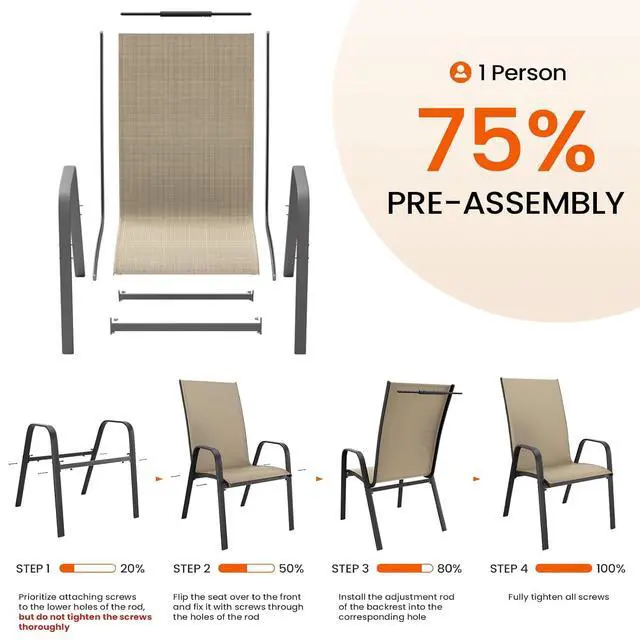 Alt view image 5 of 7 - JEAREY Patio Dining Chairs Set of 6, Stackable Outdoor Chairs, Tan | Breathable Textilene w/Powder-Coated Steel Frame, 20" Wide High-Back Seat & Stackable Design for Lawn, Garden, Deck, Poolside