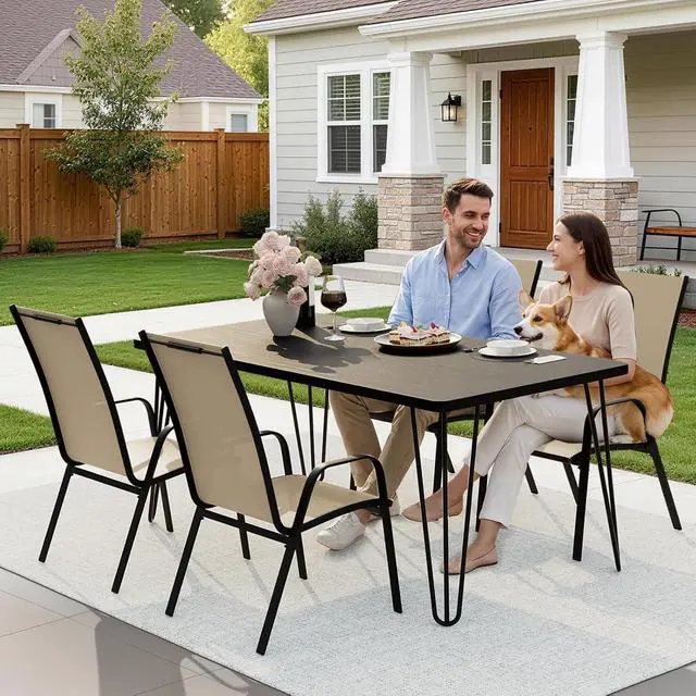 Alt view image 6 of 7 - JEAREY Patio Dining Chairs Set of 4, Stackable Outdoor Chairs, Beige | Breathable Textilene w/Powder-Coated Steel Frame, 20" Wide High-Back Seat for Lawn, Garden, Deck, Poolside