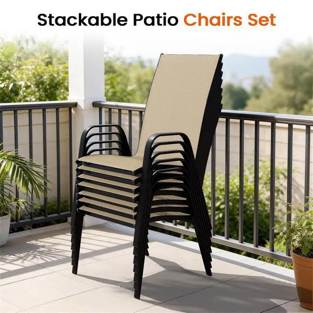 Alt view image 7 of 7 - JEAREY Patio Dining Chairs Set of 6, Stackable Outdoor Chairs, Tan | Breathable Textilene w/Powder-Coated Steel Frame, 20" Wide High-Back Seat & Stackable Design for Lawn, Garden, Deck, Poolside