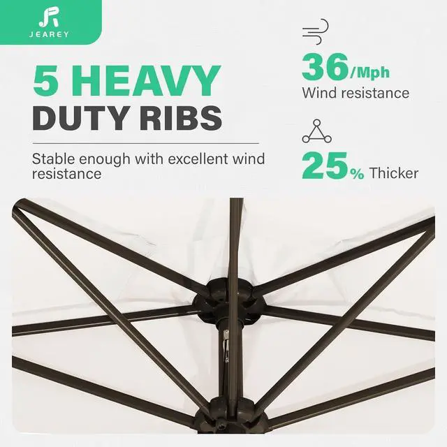 Alt view image 5 of 7 - JEAREY 9ft Half Umbrella Outdoor Patio Umbrella Market Umbrellas with Crank, 1/2 Round Wall Umbrella 5 Sturdy Ribs UV Protection for Pool Garden Balcony Deck, Cream White