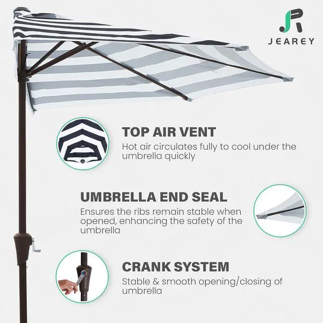 Alt view image 3 of 7 - JEAREY 9ft Half Umbrella Outdoor Patio Umbrella Market Umbrellas with Crank, 1/2 Round Wall Umbrella 5 Sturdy Ribs UV Protection for Pool Garden Balcony Deck, Black & White Strip