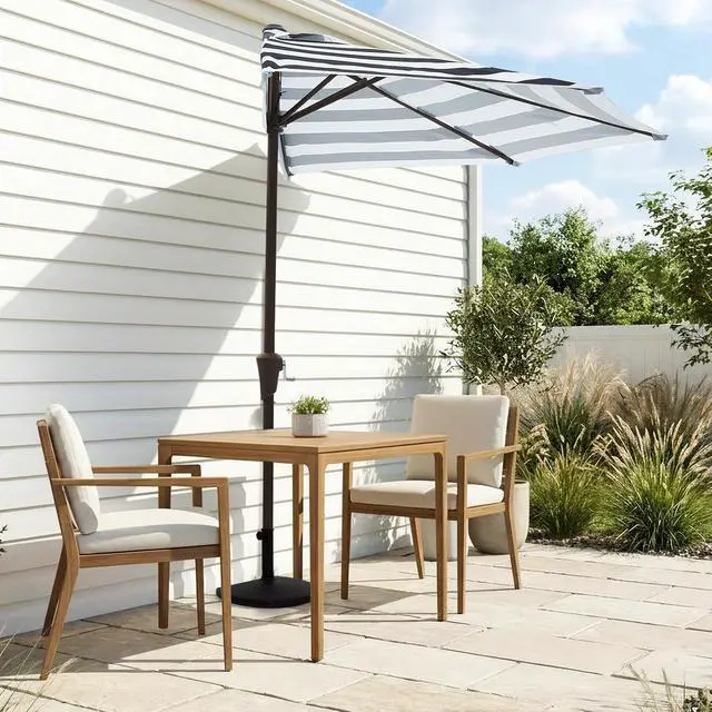 Alt view image 2 of 7 - JEAREY 9ft Half Umbrella Outdoor Patio Umbrella Market Umbrellas with Crank, 1/2 Round Wall Umbrella 5 Sturdy Ribs UV Protection for Pool Garden Balcony Deck, Black & White Strip