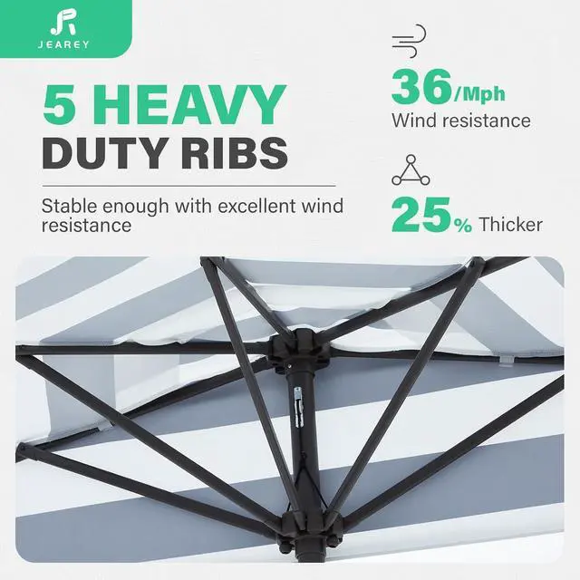 Alt view image 5 of 7 - JEAREY 9ft Half Umbrella Outdoor Patio Umbrella Market Umbrellas with Crank, 1/2 Round Wall Umbrella 5 Sturdy Ribs UV Protection for Pool Garden Balcony Deck, Black & White Strip