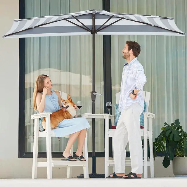 Alt view image 4 of 7 - JEAREY 9ft Half Umbrella Outdoor Patio Umbrella Market Umbrellas with Crank, 1/2 Round Wall Umbrella 5 Sturdy Ribs UV Protection for Pool Garden Balcony Deck, Black & White Strip