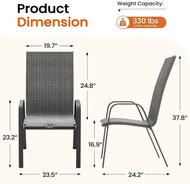 Alt view image 3 of 7 - JEAREY Patio Dining Chairs Set of 4, Stackable Outdoor Chairs, Deep Gray | Breathable Textilene w/Powder-Coated Steel Frame, 20" Wide High-Back Seat for Lawn, Garden, Deck, Poolside