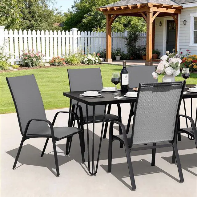 Alt view image 4 of 7 - JEAREY Patio Dining Chairs Set of 4, Stackable Outdoor Chairs, Deep Gray | Breathable Textilene w/Powder-Coated Steel Frame, 20" Wide High-Back Seat for Lawn, Garden, Deck, Poolside