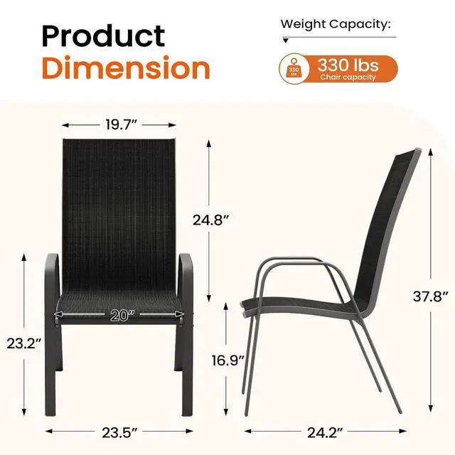 Alt view image 3 of 7 - JEAREY Patio Dining Chairs Set of 4, Stackable Outdoor Chairs, Black | Breathable Textilene w/Powder-Coated Steel Frame, 20" Wide High-Back Seat for Lawn, Garden, Deck, Poolside