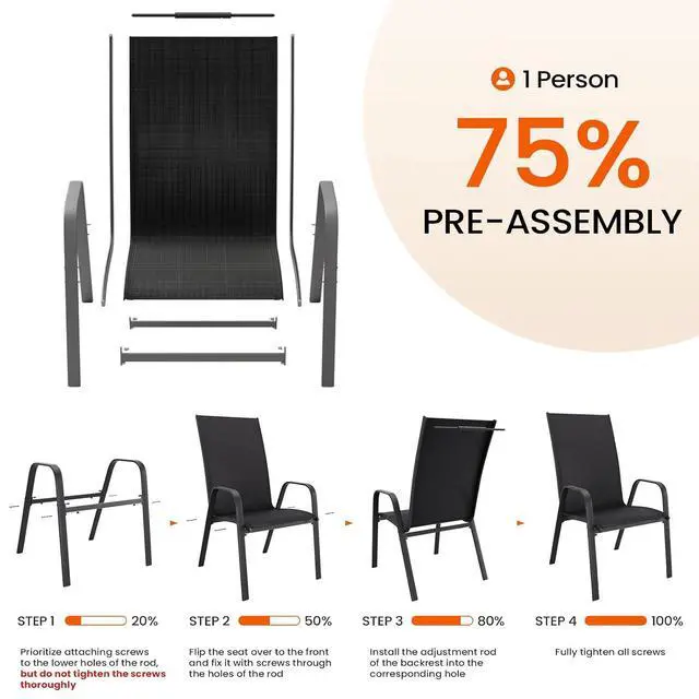 Alt view image 5 of 7 - JEAREY Patio Dining Chairs Set of 4, Stackable Outdoor Chairs, Black | Breathable Textilene w/Powder-Coated Steel Frame, 20" Wide High-Back Seat for Lawn, Garden, Deck, Poolside