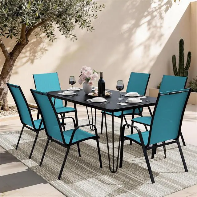 Alt view image 2 of 7 - JEAREY Patio Dining Chairs Set of 6, Stackable Outdoor Chairs, Teal | Breathable Textilene w/Powder-Coated Steel Frame, 20" Wide High-Back Seat & Stackable Design for Lawn, Garden, Deck, Poolside