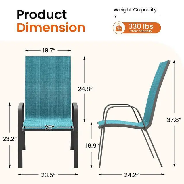 Alt view image 3 of 7 - JEAREY Patio Dining Chairs Set of 6, Stackable Outdoor Chairs, Teal | Breathable Textilene w/Powder-Coated Steel Frame, 20" Wide High-Back Seat & Stackable Design for Lawn, Garden, Deck, Poolside