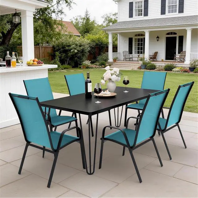 Alt view image 4 of 7 - JEAREY Patio Dining Chairs Set of 6, Stackable Outdoor Chairs, Teal | Breathable Textilene w/Powder-Coated Steel Frame, 20" Wide High-Back Seat & Stackable Design for Lawn, Garden, Deck, Poolside