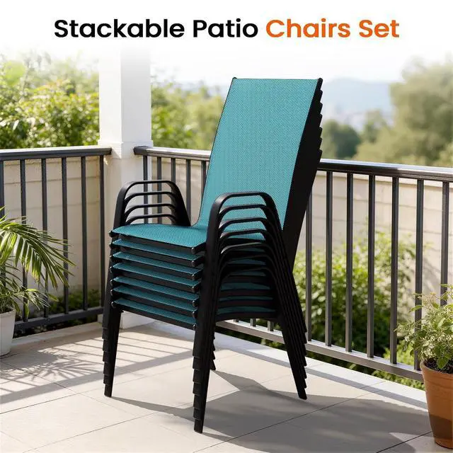 Alt view image 7 of 7 - JEAREY Patio Dining Chairs Set of 6, Stackable Outdoor Chairs, Teal | Breathable Textilene w/Powder-Coated Steel Frame, 20" Wide High-Back Seat & Stackable Design for Lawn, Garden, Deck, Poolside