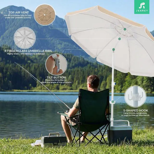 Alt view image 4 of 7 - JEAREY 6.5ft Portable Beach Shade Sports Umbrella with Stand, Beige | Lightweight Sun Protection Free Standing Portable Umbrella for Outdoor Sports, Camping, Fishing, Beach