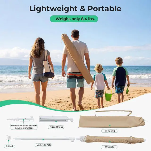 Alt view image 3 of 7 - JEAREY 6.5ft Portable Beach Shade Sports Umbrella with Stand, Beige | Lightweight Sun Protection Free Standing Portable Umbrella for Outdoor Sports, Camping, Fishing, Beach