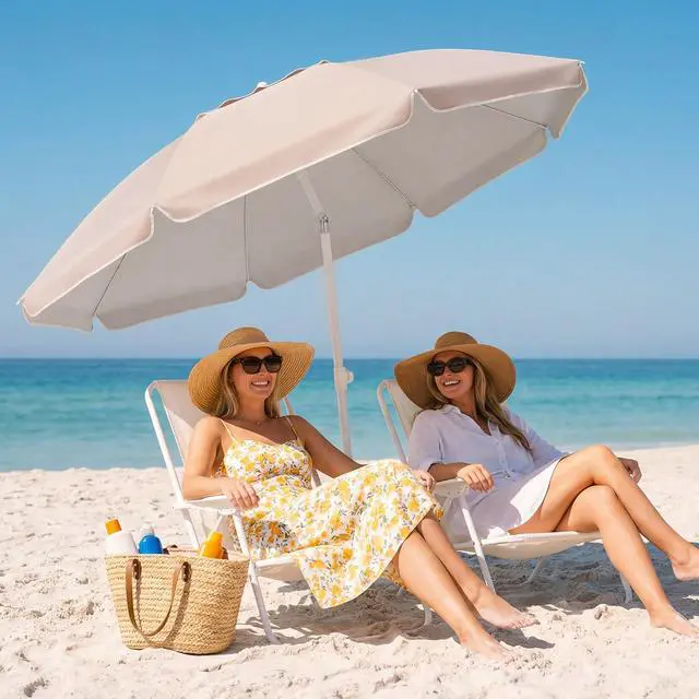 Alt view image 5 of 7 - JEAREY 6.5ft Portable Beach Shade Sports Umbrella with Stand, Beige | Lightweight Sun Protection Free Standing Portable Umbrella for Outdoor Sports, Camping, Fishing, Beach