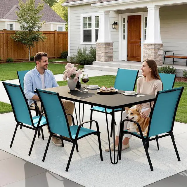 Alt view image 6 of 7 - JEAREY Patio Dining Chairs Set of 6, Stackable Outdoor Chairs, Teal | Breathable Textilene w/Powder-Coated Steel Frame, 20" Wide High-Back Seat & Stackable Design for Lawn, Garden, Deck, Poolside