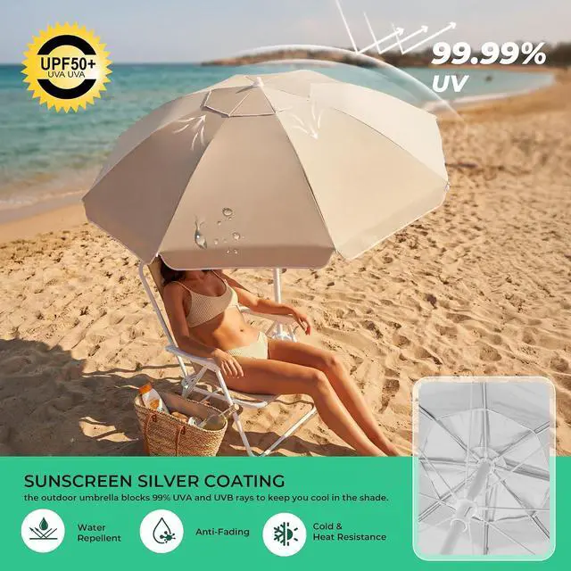 Alt view image 7 of 7 - JEAREY 6.5ft Portable Beach Shade Sports Umbrella with Stand, Beige | Lightweight Sun Protection Free Standing Portable Umbrella for Outdoor Sports, Camping, Fishing, Beach