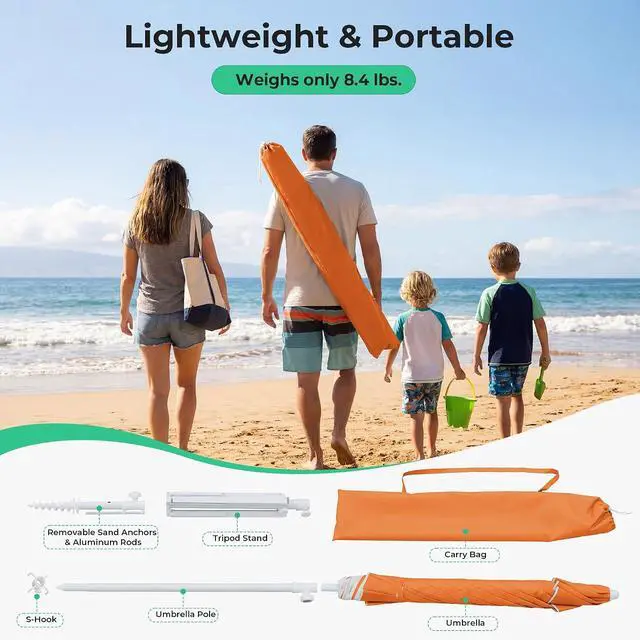 Alt view image 3 of 7 - JEAREY 6.5ft Sun Shade Umbrellas, Portable Umbrella with Stand, Lightweight Sun Protection Free Standing Sport Umbrella for Outdoor Sports, Camping, Fishing, Patio, Beach, Sun Orange