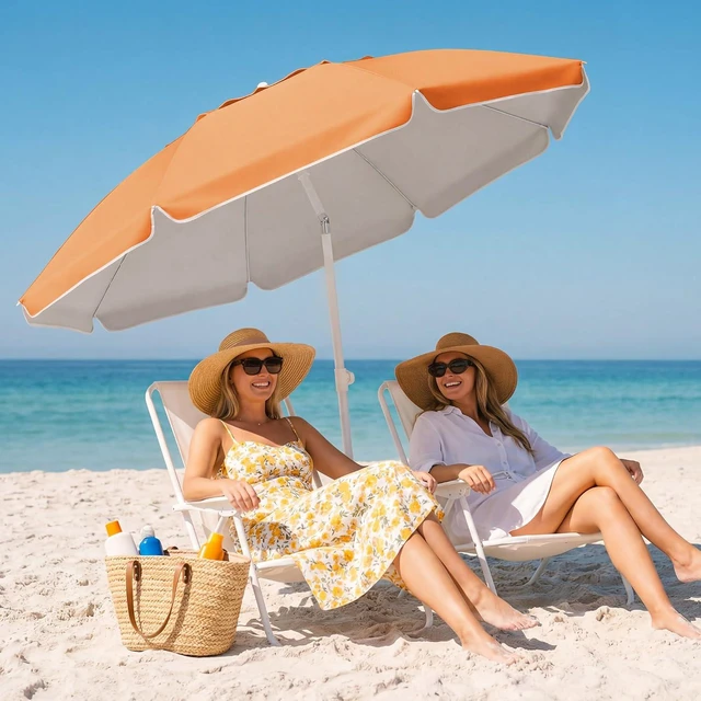 Alt view image 5 of 7 - JEAREY 6.5ft Sun Shade Umbrellas, Portable Umbrella with Stand, Lightweight Sun Protection Free Standing Sport Umbrella for Outdoor Sports, Camping, Fishing, Patio, Beach, Sun Orange