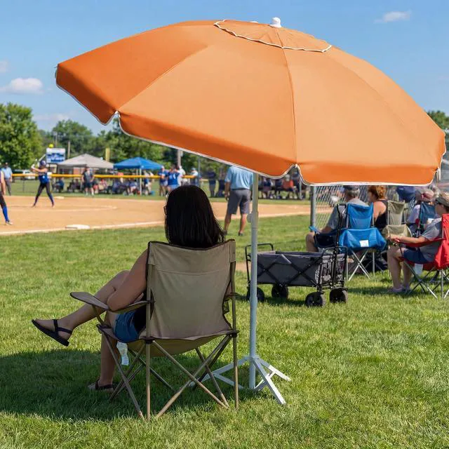 Alt view image 6 of 7 - JEAREY 6.5ft Sun Shade Umbrellas, Portable Umbrella with Stand, Lightweight Sun Protection Free Standing Sport Umbrella for Outdoor Sports, Camping, Fishing, Patio, Beach, Sun Orange