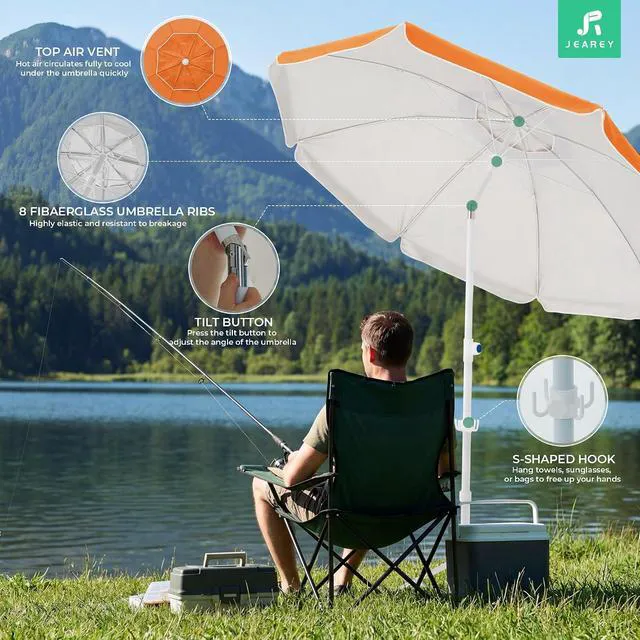 Alt view image 4 of 7 - JEAREY 6.5ft Sun Shade Umbrellas, Portable Umbrella with Stand, Lightweight Sun Protection Free Standing Sport Umbrella for Outdoor Sports, Camping, Fishing, Patio, Beach, Sun Orange